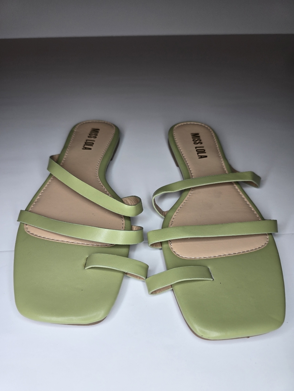 Miss Lola Women’s Slide Sandals Size 8.5 Green Strappy Square Toe Flat